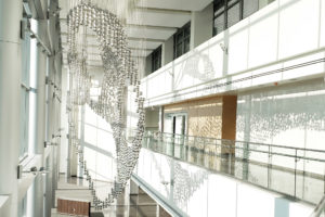 Installation photo of a suspended sculpture in Dallas Texas